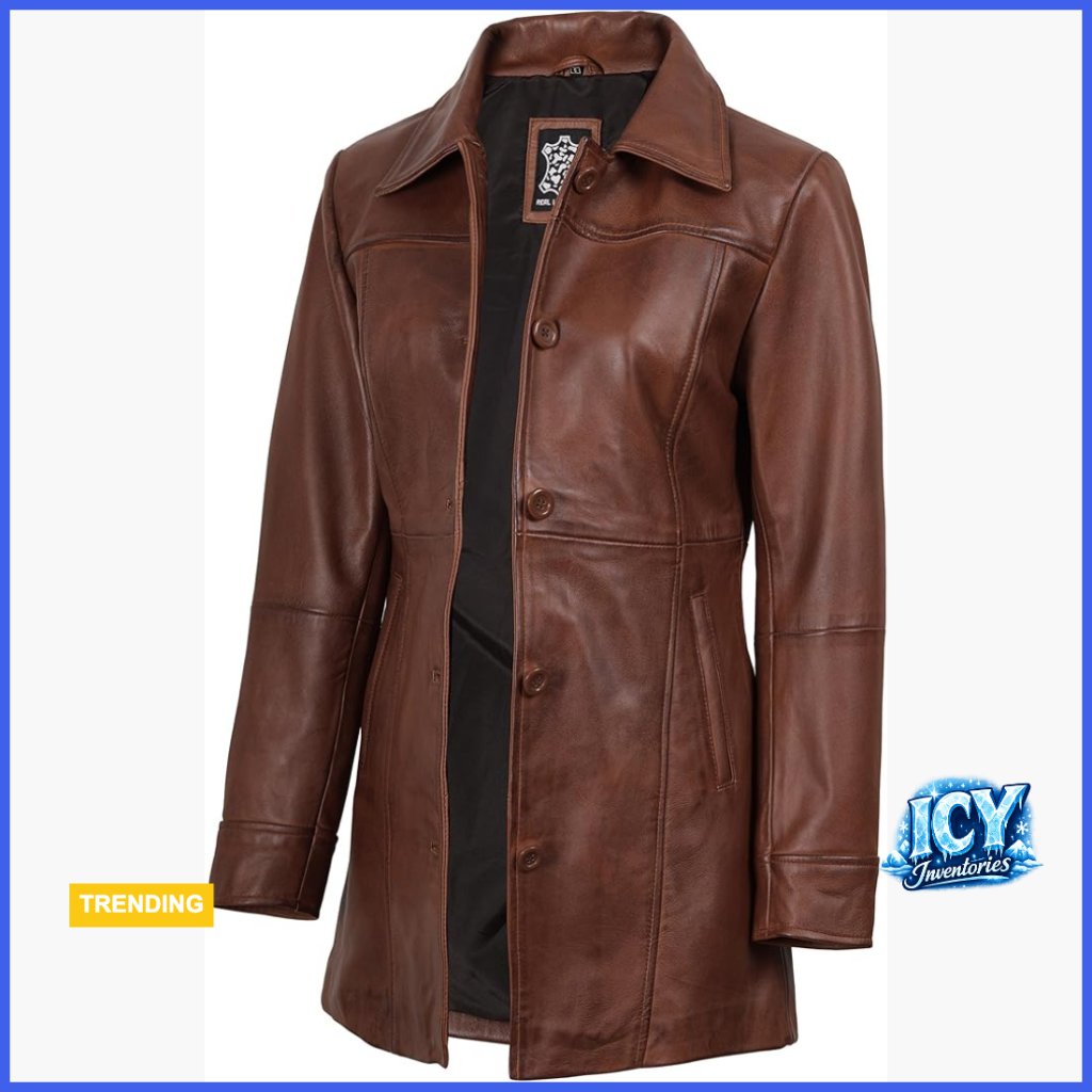 Real Lambskin Leather Trench Coat With Thumbhole Cuffs And Phone Pocket